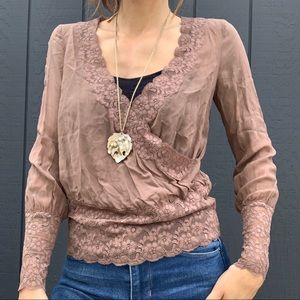 SOLD!!Silk dusty rose lace trimmed wrap top Sz M